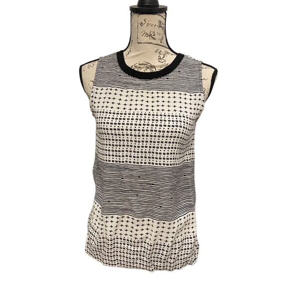 Madewell Black White Multi Print Banded Collar Zip Back Split Hem Tank Top XS - Picture 1 of 8
